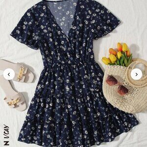 SHEIN VCAY Ditsy Floral Print Frill Trim Wrap Dress | Navy Blue